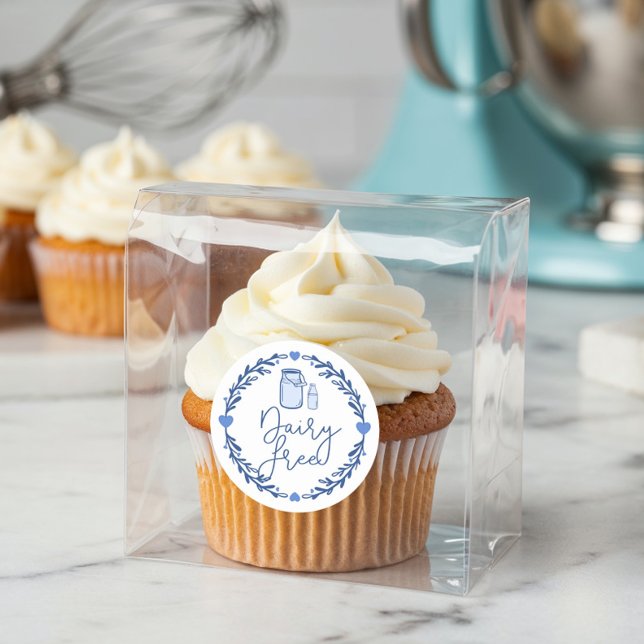 Pegatina Redonda Panadería Leche gratis Jug & Wreath Blue & White (Bakery Dairy Free Milk Jug & Wreath Blue & White Classic Round Sticker)