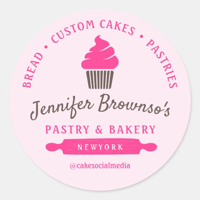 Pegatina Redonda Panadería Pastelería Cupcake Rosa logo branding (Anverso)