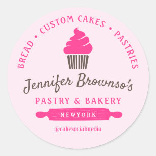 Pegatina Redonda Panadería Pastelería Cupcake Rosa logotipo brandin