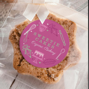 Pegatina Redonda Panadería rosa y verde para hornear y cocinar