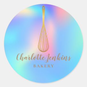 Pegatina Redonda Panadería Salón de Té Gold Whisk Arcoíris Holográf