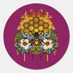 Pegatina Redonda Panal de abeja reina floral magenta neón estético