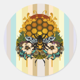 Pegatina Redonda Panal de Miel Floral de Reina Abeja Colorido a Ray