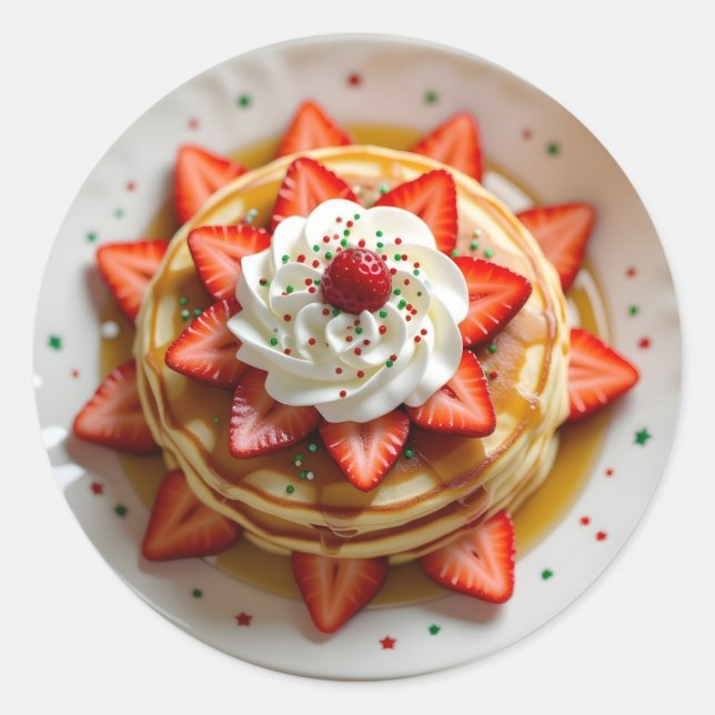 Pegatina Redonda Pancakes with Whipped Cream & Christmas Sprinkles (Anverso)