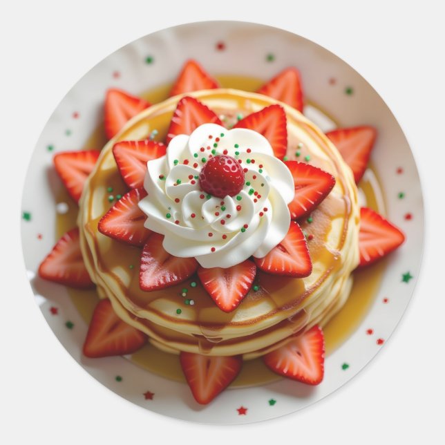 Pegatina Redonda Pancakes with Whipped Cream & Christmas Sprinkles (Anverso)