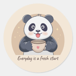 Pegatina Redonda Panda Adorable con Café