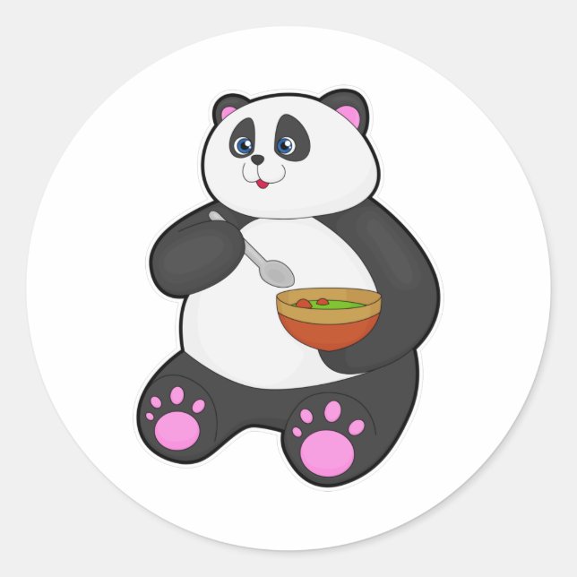 Pegatina Redonda Panda al comer con Spoon & Bowl (Anverso)