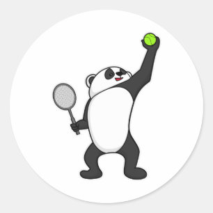 Pegatina Redonda Panda al tenis con raqueta de tenis