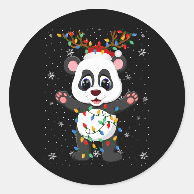 Pegatina Redonda Panda Animal Santa Hat Ugly Christmas Tree Light (Anverso)