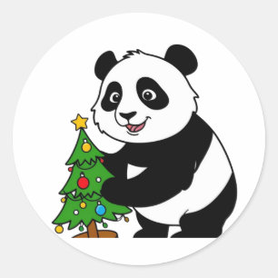 Pegatina Redonda Panda bebé con árbol de navidad