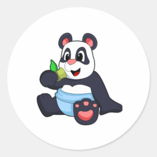 Pegatina Redonda Panda como bebé con bambú