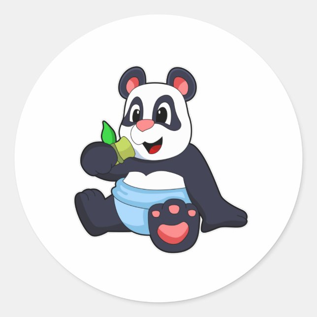 Pegatina Redonda Panda como bebé con bambú (Anverso)