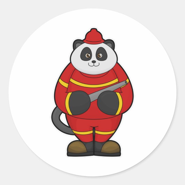 Pegatina Redonda Panda como bombero con manguera (Anverso)