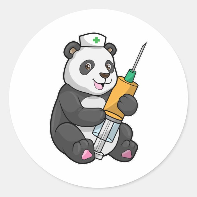Pegatina Redonda Panda como enfermera con jeringas (Anverso)