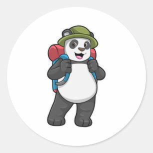 Pegatina Redonda Panda como excursionista con mochila