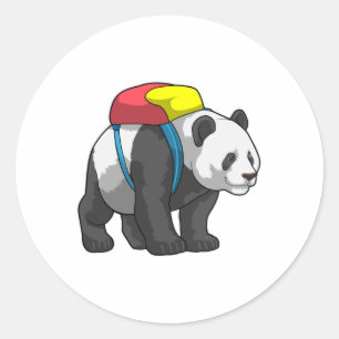 Pegatina Redonda Panda como excursionista con mochila