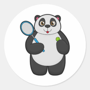 Pegatina Redonda Panda como jugador de tenis con raqueta de tenis