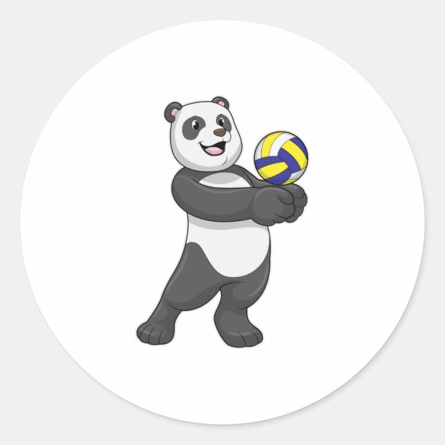 Pegatina Redonda Panda como jugador de voleibol con voleibol (Anverso)