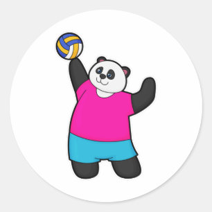 Pegatina Redonda Panda como jugador de voleibol con voleibol