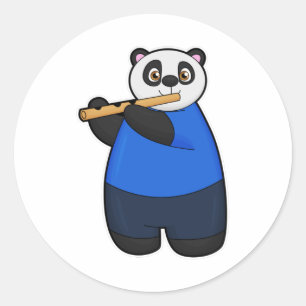 Pegatina Redonda Panda como músico con flauta