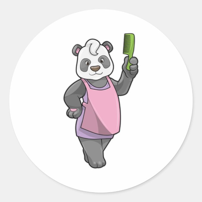 Pegatina Redonda Panda como peluquero con comb (Anverso)