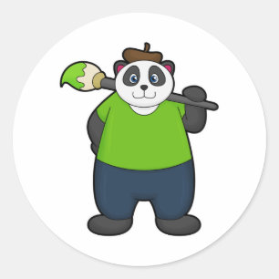 Pegatina Redonda Panda como pintador con pincel
