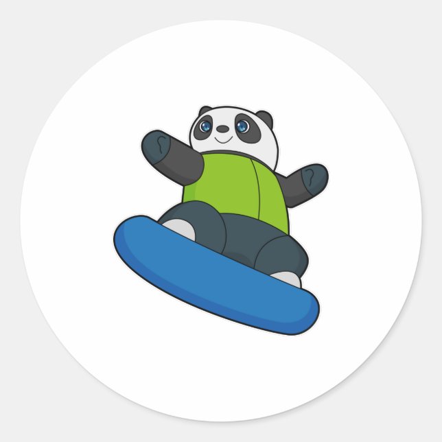 Pegatina Redonda Panda como snowboard con snowboard (Anverso)