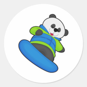 Pegatina Redonda Panda como snowboard con snowboard