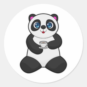 Pegatina Redonda Panda con Copa de Café