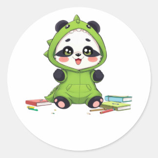 Pegatina Redonda Panda con disfraz de dinosaurio