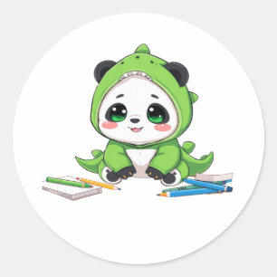 Pegatina Redonda Panda con disfraz de dinosaurio