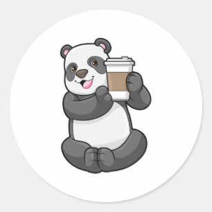 Pegatina Redonda Panda con el café a ir