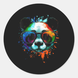 Pegatina Redonda Panda Con Gafas De Sol Con Coloridas Esquirlas De
