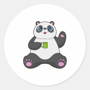 Pegatina Redonda Panda con tazón de café