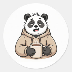 Pegatina Redonda Panda de Café de Dibujos Animados Demasiado Cansad