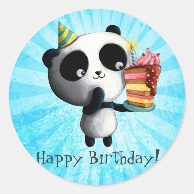 Pegatina Redonda Panda de cumpleaños lindo con pastel (Anverso)