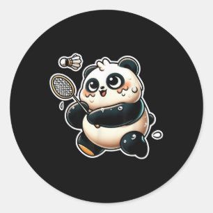 Pegatina Redonda Panda Divertido Jugando Bádminton Ejercicio Deport