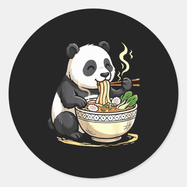Pegatina Redonda Panda Eating Funny Ramen Noodles  (Anverso)