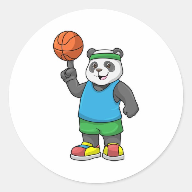 Pegatina Redonda Panda en Deportes con Baloncesto (Anverso)