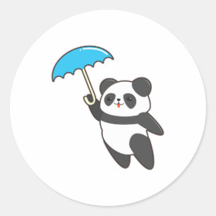 Pegatina Redonda Panda en la lluvia con el paraguas