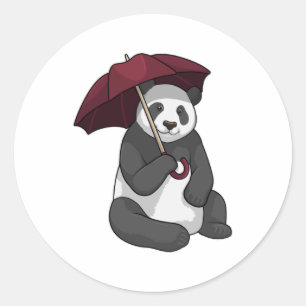 Pegatina Redonda Panda en la lluvia con el paraguas