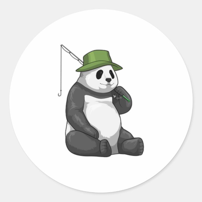 Pegatina Redonda Panda en la pesca con barra de pesca (Anverso)