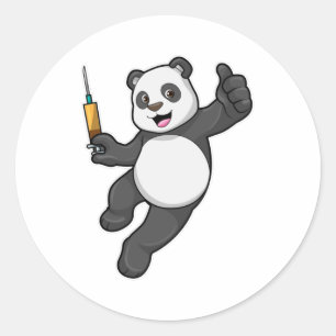 Pegatina Redonda Panda en la vacunación con jeringas