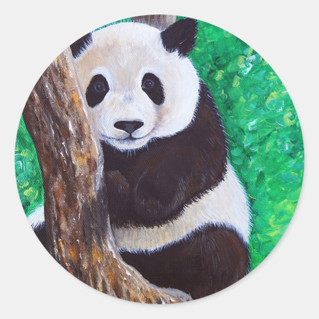 Pegatina Redonda Panda en una pintura de árbol (Anverso)