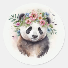 Pegatina Redonda Panda Flowers Watercolor                     