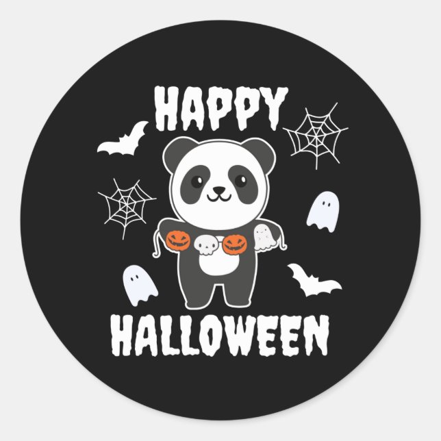 Pegatina Redonda Panda Happy Halloween Calabaza con traje de murcié (Anverso)