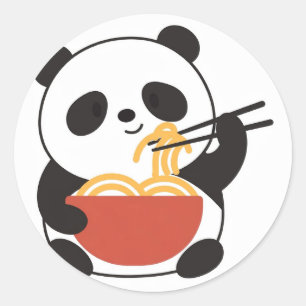 Pegatina Redonda Panda Mínimo Comiendo Ramen