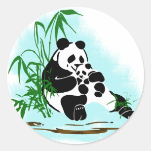 Pegatina Redonda Panda Momma y bebé