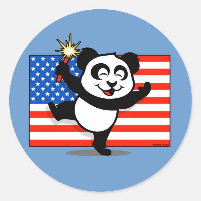 Pegatina Redonda Panda Patriótico Con Bandera Americana (Anverso)