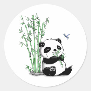 Pegatina Redonda Panda que come el bambú